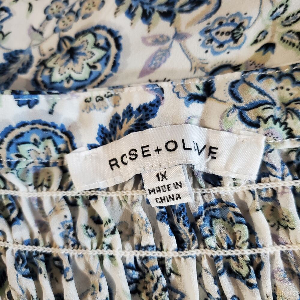 Rose + Olive Womens Floral Smocked Flutter Sleeve Popover Blouse Size 1X Cottage - Picture 9 of 13